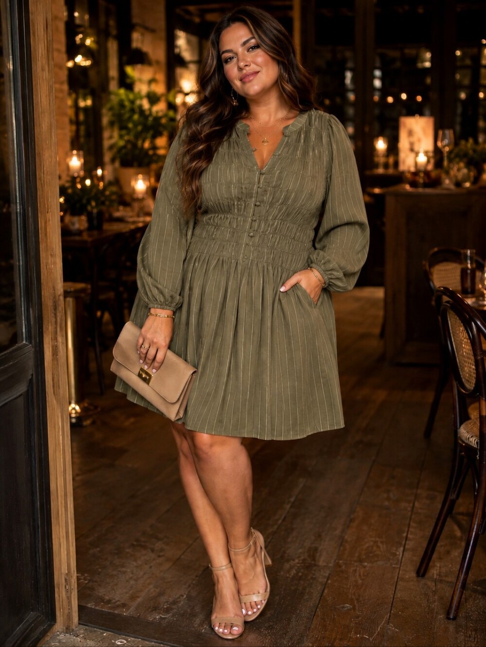 Ava & Viv NWT 1X Olive Green Pinstripe Smocked Dress 🌿✨